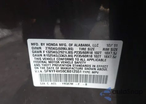 2012 Honda Pilot Ex-L z USA, uszkodzony, nr VIN 5FNYF4H59CB012551
